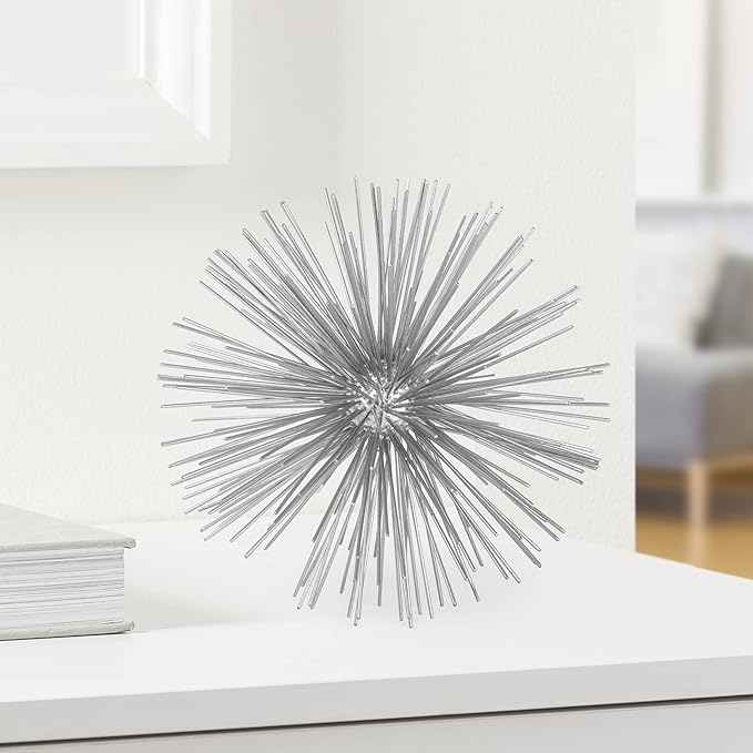 Torre & Tagus 7” Spike Silver Sphere Decor (Steel Metal Ball Decor) Handmade Starburst Table Decoration, Geometric Decorative Objects for Shelves, Mid-Century Modern Sputnik Home Table Accent