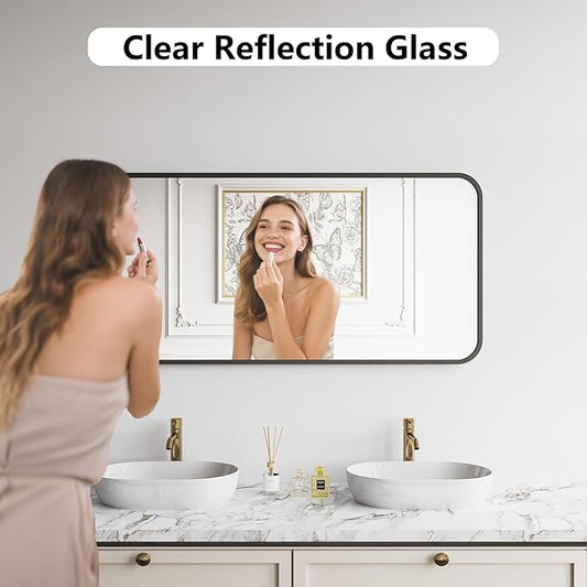 Koonmi Bathroom Mirror, 24X48 Brushed Black Metal Framed Wall-Mounted Mirror for Over Sink, HD Tempered Glass, Anti-Rust, Rounded Rectangle Mirror for Restroom, Bedroom, Hangs Horizontal or Vertical