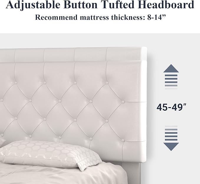 Allewie Full Size Platform Bed Frame, Adjustable Faux Leather Headboard with Diamond Stitch and Button Tufted, Sturdy Wood Slats, Easy-Assembly, No Box Spring Needed, Off-White