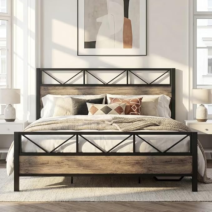 LIKIMIO California King Bed Frame, Tall Industrial Headboard 51.1 ", Platform Bed Frame with Strong Metal Support, Solid and Stable, Noise Free, No Box Spring Needed, Easy Assembly, Rustic Maple