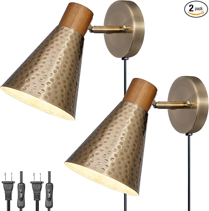 DSMJFU Gold Plug in Wall Sconces Set of 2, Modern Wall Lamp with Plug in Cord, Wooden Plug in Wall Light with Hammered Metal Shade，Wall Mounted Lamp for Bedroom, Living Room, Hallway, Bathroom