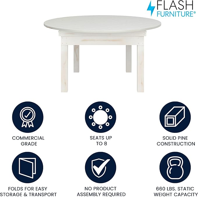Flash Furniture Hercules Commercial Round Farmhouse Folding Table, Antique Rustic Solid Pine Dining Room Table, Foldable Locking Legs, 60" Diameter, White