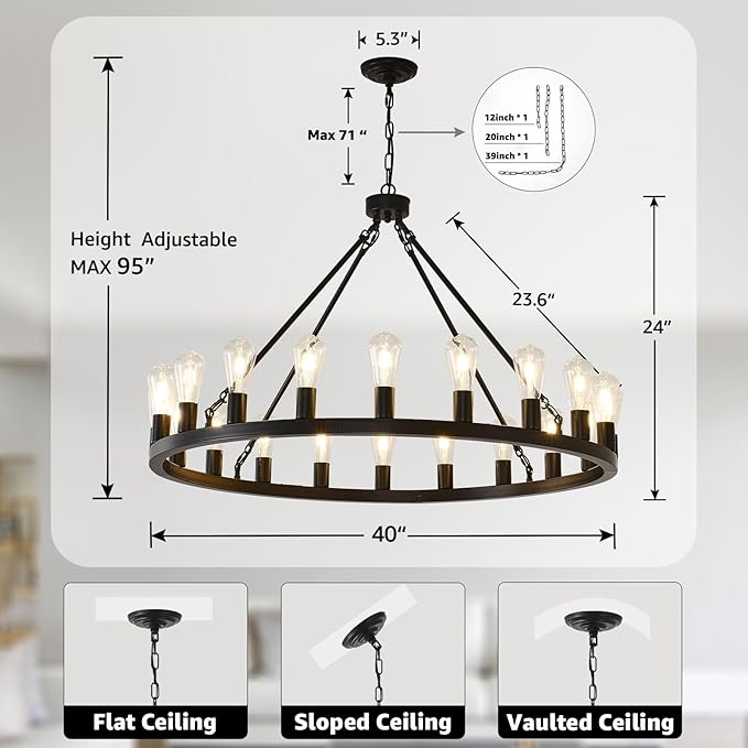 NILSE 40-Inch Large Black Wagon Wheel Chandelier 20-Light, Modern Chandelier for Living Room, Rustic Farmhouse Chandeliers for Entryway, Bedroom, Dining Room, Foyer, E26