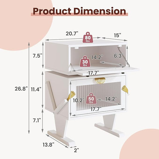 RoyalCraft Nightstand with LED Light Strips, White End Table with 360° Rotating Drawer, Modern Bedside Table with Glass Door Storage, Wood Night Stand Cabinet for Bedroom, Home Office, White