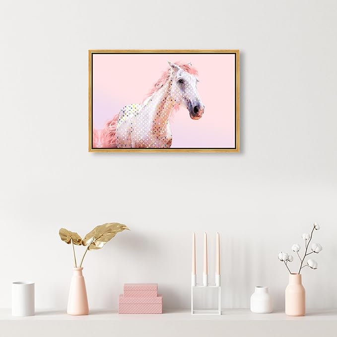 Country Farmhouse Canvas Print Painting Animal Wall Art 'Pink Glam Horse' Gold Framed Canvas Rustic Home Décor 24x16 in Pink, White by Oliver Gal