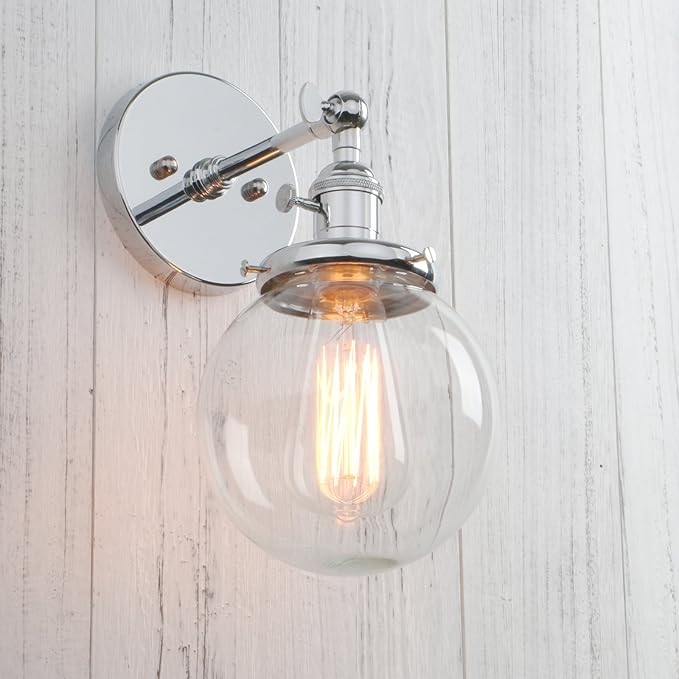 PERMO Vintage Industrial Wall Sconce Lighting Fixture with Mini 5.9" Round Clear Glass Globe Hand Blown Shade (Chrome)