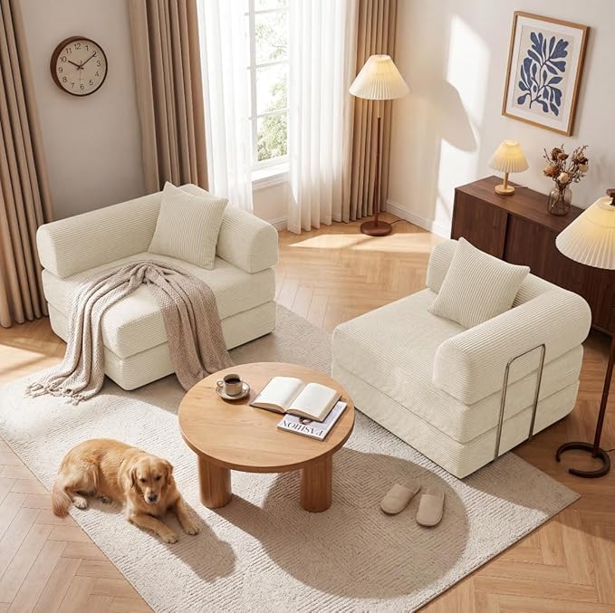Convertible Compressed Corduroy Folding Cloud Sofa Bed, 59'' Modern Boneless Pull Out Loveseat Sleeper in a Box, 5 in 1 Floor Mattress Futon Cloud Couch, No Assembly Needed, Beige, 2 Pillows, Queen