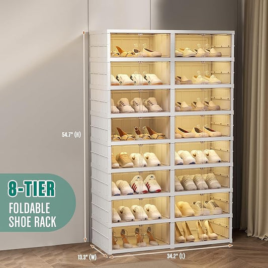 8-Tier Foldable Shoes Rack Organizer Clear Plastic Shoes Rack for Closet Shelf Collapsible Large Storage Box Stackable Easy Assembly Shoe Cabinet with Lids and Door(for 32 Pairs)