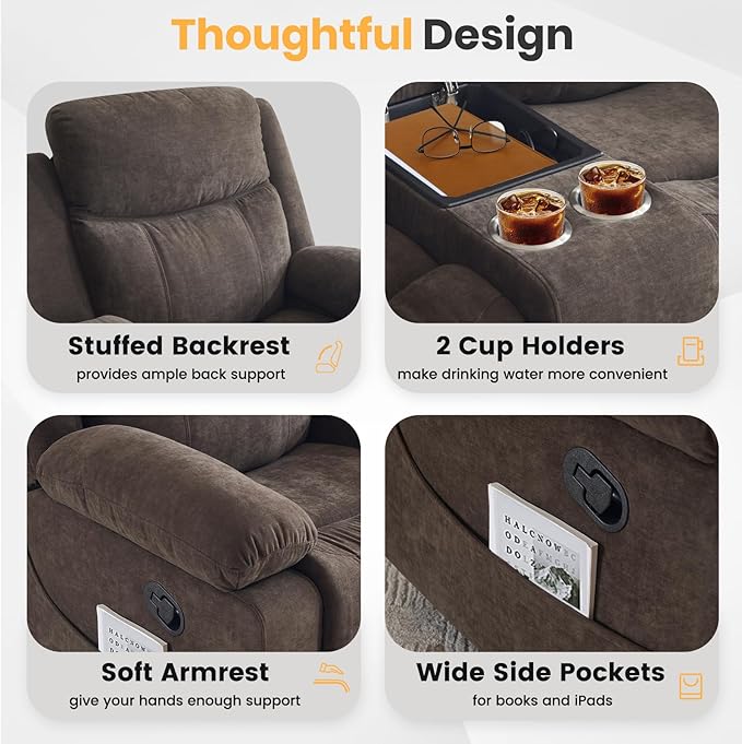 Reclining Loveseat with Console, Loveseat Recliner Sofa with Massage & Heating, RV Wall Hugger Double Loveseat Recliner Couch for Living Room & Home Theater (Chenille-Brown-2)