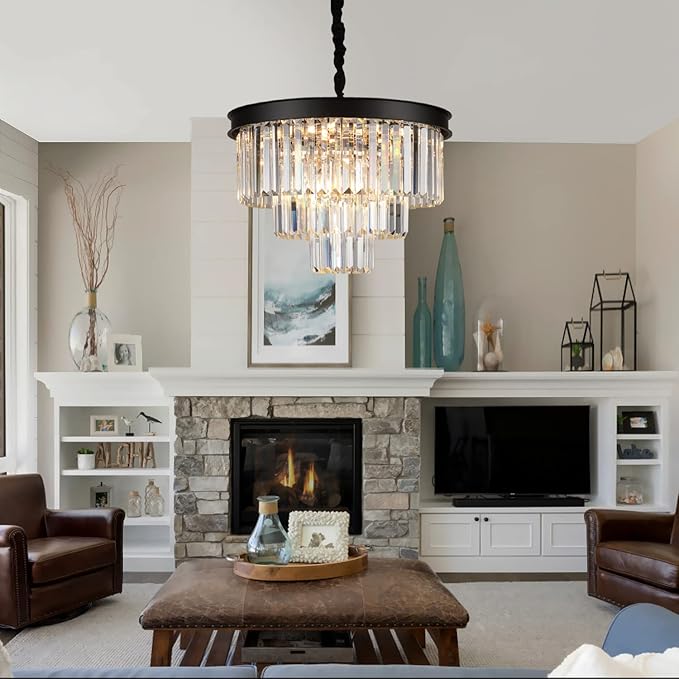 Black Crystal Chandeliers Modern Round Chandeliers 20" Dimmable 9 Lights Ceiling Pendant Light Fixtures 3 Tiers Luxury Raindrop for Living Room Dining Room Bedroom Foyer