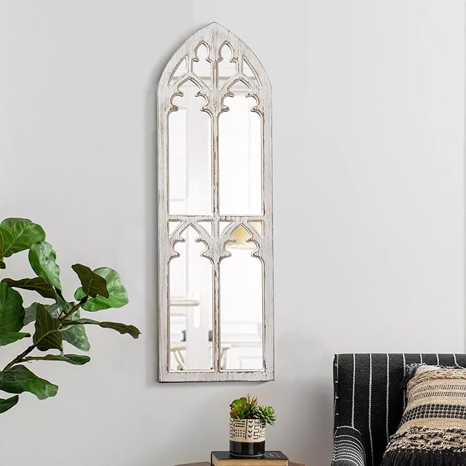 Farmhouse Wood Frame Arched Window Mirror 12 x 38 inches, Hanging Distressed White Rustic Cathedral Hallway Mirrors for Wall, Decorative Long Mirrors for Wall Decor Living Room Entryway