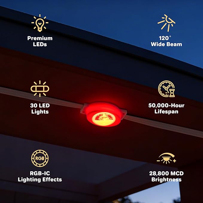 50ft Permanent Outdoor Lights with 30 Bright LEDs, 120° Wide Beam RGBIC Smart Eave Lights, 16 Million Colors & Music Sync, IP67 Waterproof Year-Round Architectural Lighting for House Decor