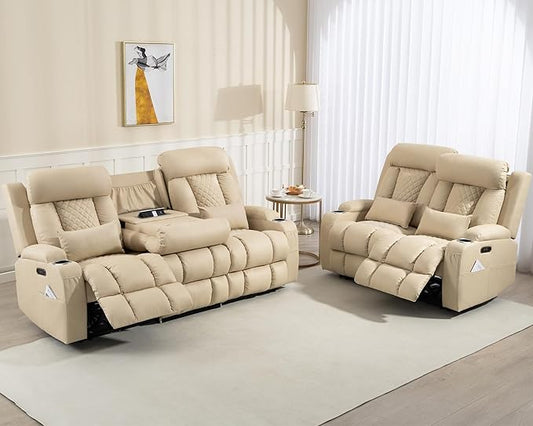Zero Wall Hugger Power Reclining Sofa Set with Adjustable Headrest, Electric Reclining Couch with Drop-Down Table, Reclining Sofa and Loveseat Set for Living Room (Beige, Sofa+Loveseat)