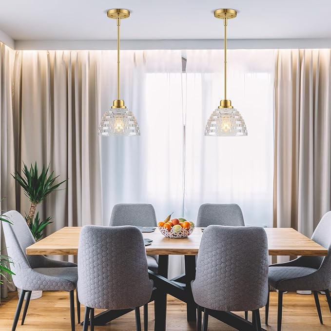 3 Pack Glass Pendant Lights Kitchen Island 8.7 Inches Modern Gold Glass Pendant Light Fixtures Brass Hanging Lighting for Kitchen Over Sink Dining Room Bedroom E26
