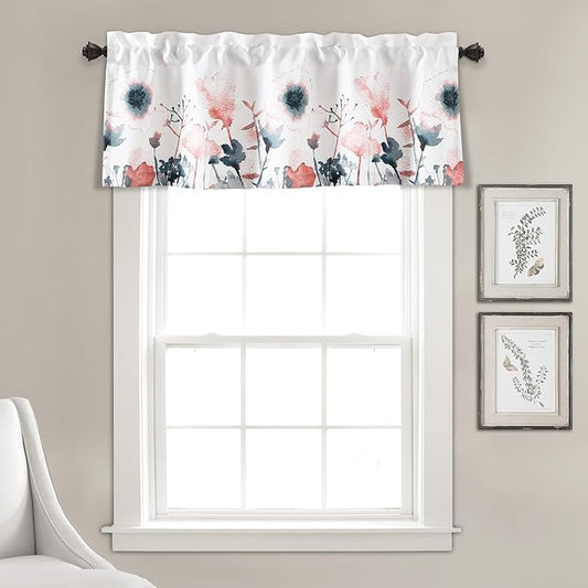 Lush Decor Zuri Flora Room Darkening Valance Curtain Single 52" W x 18" L + 2" Header Blue & Coral - Valances for Windows - Floral Kitchen Curtains