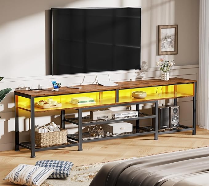 Furologee 71 Inch TV Stand with Power Outlets and LED Lights, Entertainment Center for 65 75 80 Inch TV, Media Console Table with Open Shelves, for Bedroom, Living Room, Rustic Brown