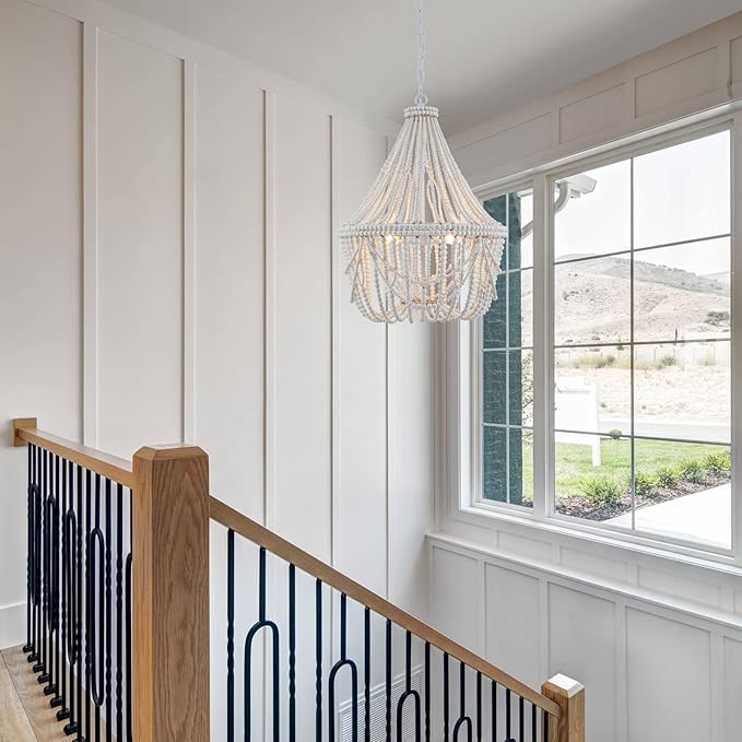20” Bohemia Large Wood Beaded Chandelier Coastal French Country Chandelier Farmhouse Antique Pendant Light for Living Room Kitchen Island Dining Bedroom, Distressed White, UL Listed