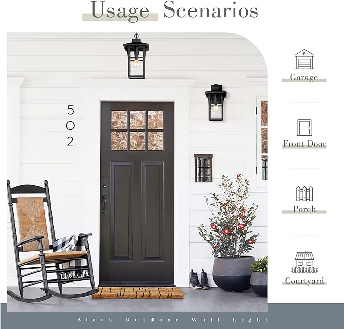 zeyu Farmhouse Outdoor Wall Light, Exterior Wall Sconce Lighting for Front Porch Garage, Die-Cast Aluminum with Seeded Glass, Black Finish, ZX1B BK