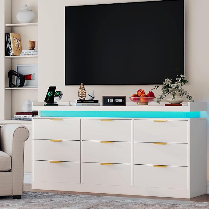 9 Drawer Dressers for Bedroom, White Dresser with LED Light and Power Outlet, Modern Large Dresser & Chests of Drawers, Wood Triple Wide Dressers for Bedroom, Entryway, Hallway