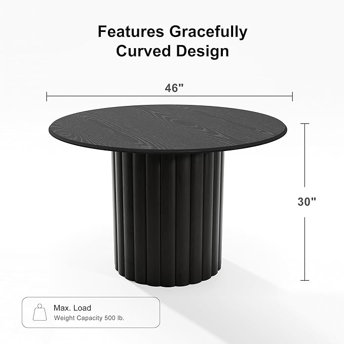 Casaphoria 46" Round Dining Table, Modern Wood Kitchen Table with Wide Column Pedestal Base for Living Room & Dining Room, Easy Assembly Farmhouse Furniture for 4-6, Black