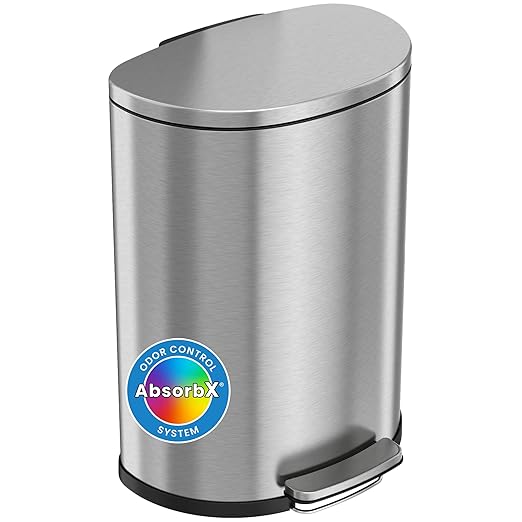 iTouchless SoftStep 13.2 Gallon Step Trash Can with Odor Control System Stainless Steel, Semi-Round, 50 Liter Garbage Bin for Kitchen, Office, Home-Silent and Gentle Open/Close, Space Saving