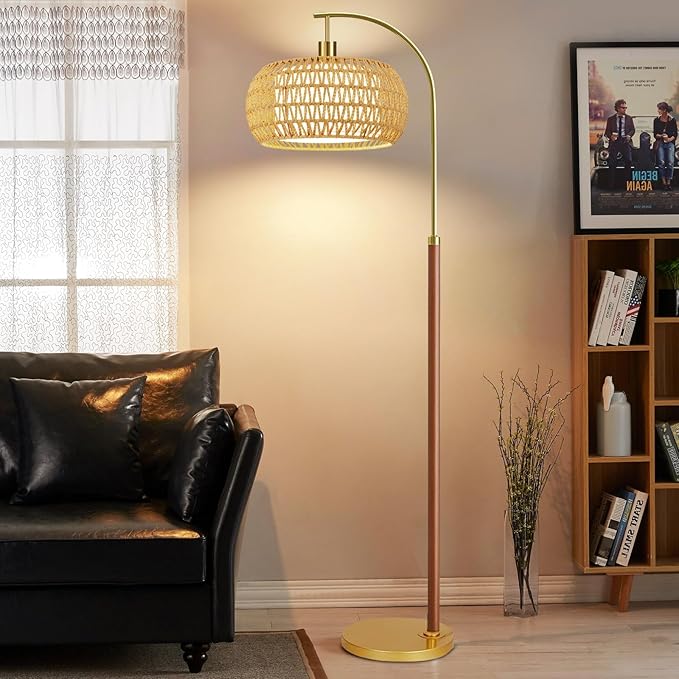 Wood Floor Lamps for Living Room,Boho Floor Lamp with Remote Control & 3 Color Temperatures,Dimmable Mid Century Modern Standing Lamp Vintage Tall Rattan Floor Lamp for Bedroom Corner