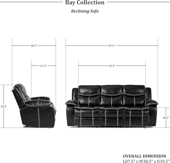 Lexicon Bay Manual Reclining Living Room Sofa Set, 3-Piece, Black