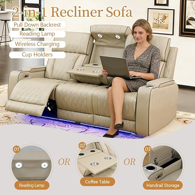 Power Leather Recliner Sofa Set with LED Light,Reclining Sofa and Loveseat Set with USB Port/Cup Holder/Storage,Luxury Leather Couch for Living Room/Home Theater(3+2 Seats,Beige)