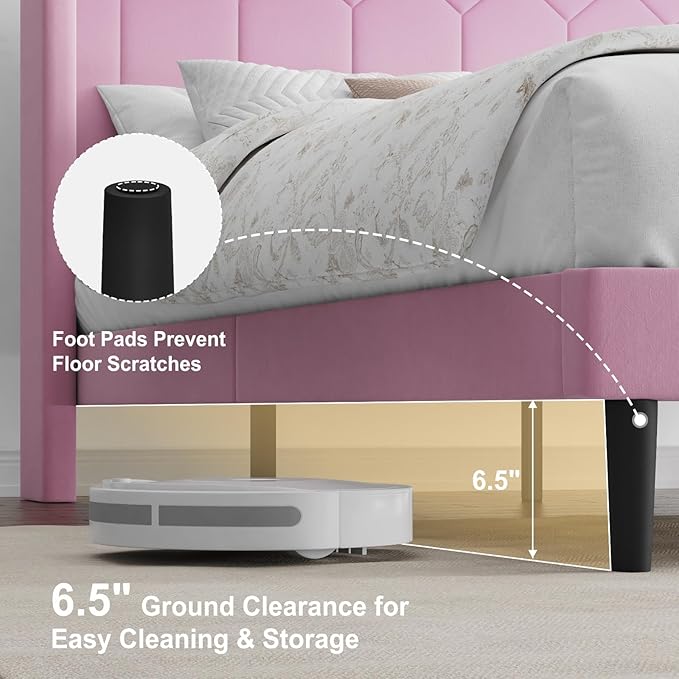 Queen Size Bed Frame with Velvet Upholstered Headboard, Platform Bed Frame No Box Spring Needed, Modern Bedframe with Strong Wooden Slats, Pink
