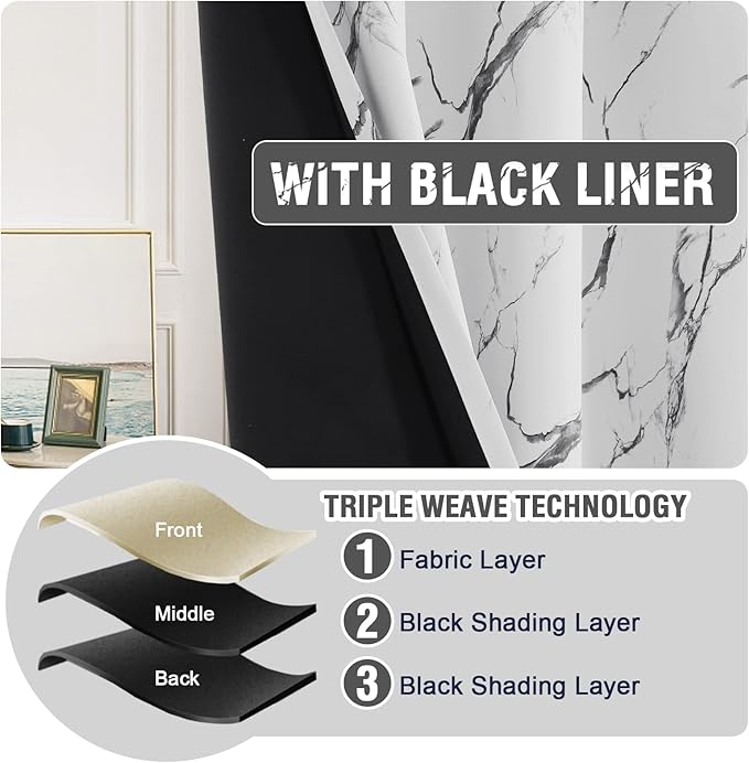 H.VERSAILTEX 100% Blackout Curtains 63 inch Length 2 Panels Set Marble Designs Printed Drapes Thermal Curtains for Bedroom with Black Liner Sound Proof Curtains, Grey