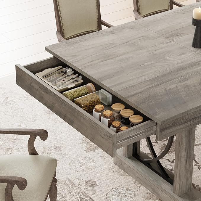 GarveeHome 71-Inch Rectangular Dining Table with Two Drawers, Wooden Kitchen Table w/Large Tabletop & Sturdy Frame, Large Dining Table for 6-8 with Double Pedestal, for Dining Room, Office