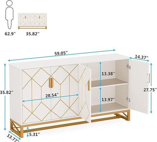 Tribesigns White Gold Storage Cabinet with Door and Adjustable Shelves for Living Room, Modern Floor Cabinets Long Sideboard Buffet Golden Coffee Bar with 4 Doors Metal Frame for Home Office Kitchen