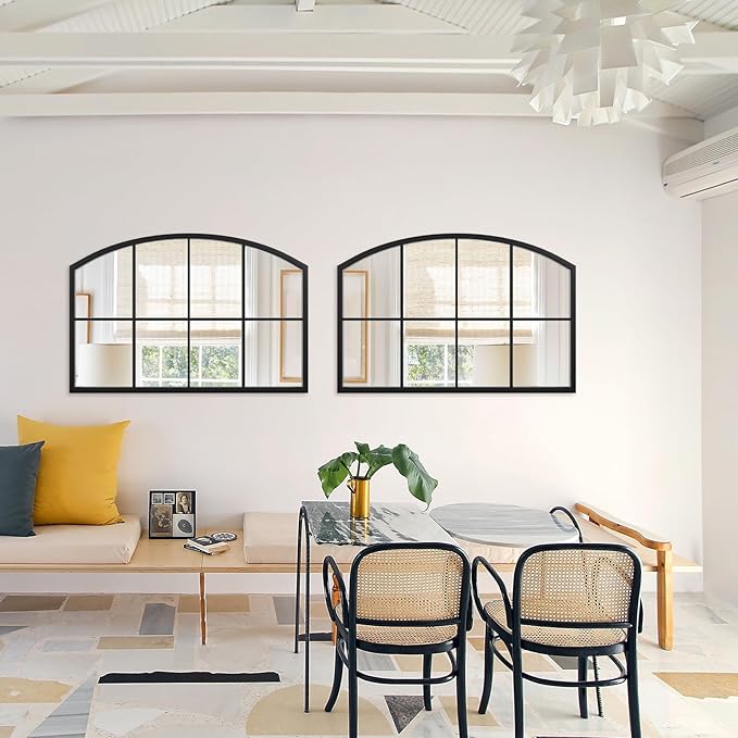 Arched Window Mirror, Matte Black Windowpane Wall Mirror, Wide Grid Decorative Mirrors, Arch Metal Frame Mirrors for Living Room, Entryway, 42" x 28"