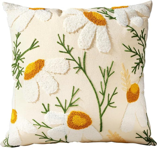 Embroidered Throw Pillow Cover - 20x20 Decorative Pillow Cover with Zipper Aesthetic Cute Design Boho Spring Summer Cozy Throw Pillowcase for Living Room Couch Sofa Bed, Daisy