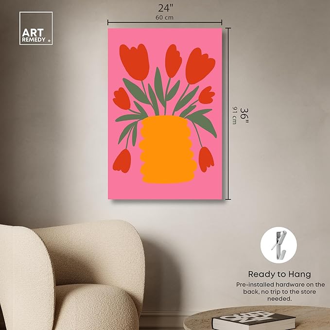 Art Remedy Bright Romantic Tulips Canvas Boho Colorful Wall Art, Gallery Wrapped, 24" x 36"