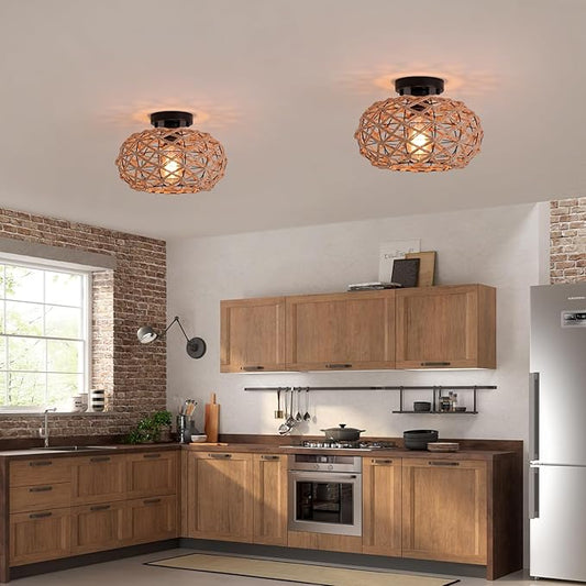 Coastal Woven Flush Mount Ceiling Light Fixture Boho Rustic Hemp Rope Round Cage Semi Flush Mount Ceiling Light for Hallway Kitchen Entry Bedroom Farmhouse Beach, Black