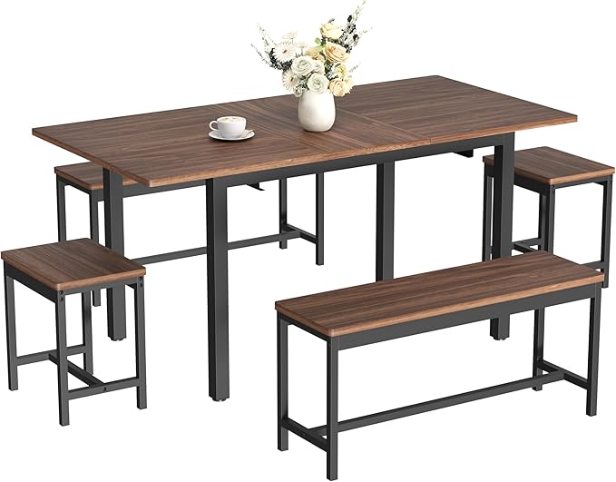 GarveeHome 5-Piece Dining Table Set for 4-8 People, 63 in Large Extendable Kitchen Table Set with 2 Benches and 2 Square Stools, Modern Dining Room Furniture Sets, Easy Assembly, Espresso