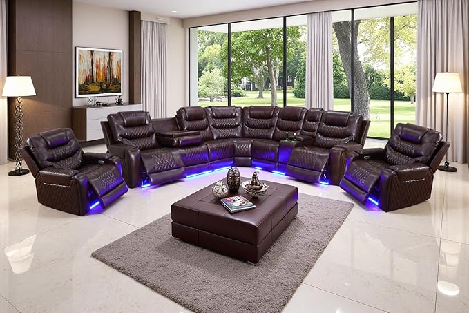 Power Reclining Sectional Sofa Set, Living Room Furniture Sets, Leather Recliner Corner Couches and 2 Chairs, Power Recliner Sectional with Cup Holder/Storage Console for Living Room