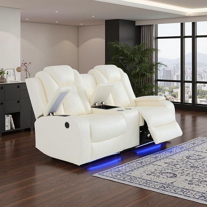 Power Leather Reclining Loveseat Sofa with LED Light,Double Recliner Sofa Love Seat with Storage Console/USB Port/Cup Holder,Leather Couch for Living Room Furniture Sets(2 Seats,Creamy)