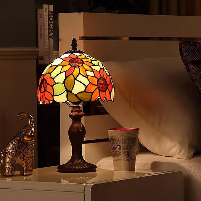 Tiffany Table Lamp,3 Color-Temperature Sunflower Stained Glass Lamp,8X8X15 Inch Small Accent Antique Nightstand Bedside Table Lamps for Bedroom Living Room Home Office Light +LED Bulb