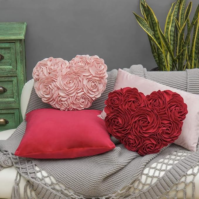 JWH Heart Flower Throw Pillow Covers Decorative Floral Shaped Accent Cushion Soft Pillowcase for Sofa Couch Living Room Bed Chair 14x16 Inches Pink