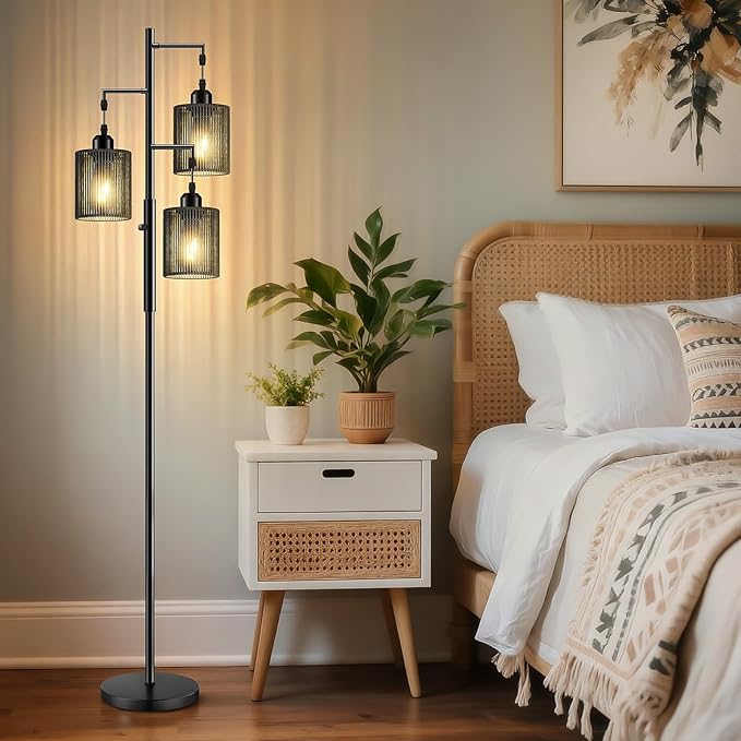 Hotsonic 72" Rattan Boho Floor Lamp, Tall Dimmable Standing Lamp with Handcrafted Black Shades, Industrial Tree Floor Lamps for Living Room, Bedroom, Study Room, Office (3 x 800LM LED Bulbs Included)