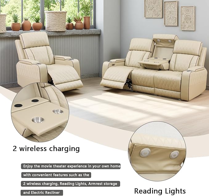 A Ainehome Power Leather Recliner Sofa Set, Recliner Sofa Sectional Couches for Living Room, Reclining Sofa, loveseat, Chair with Storage Console/Cup Holders(Khaki,Sofa+Chair)
