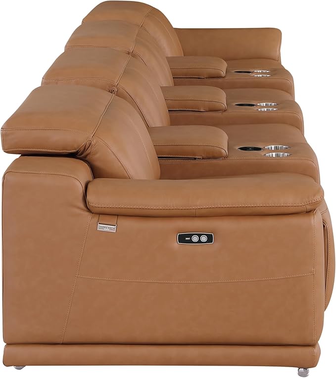 Blackjack Furniture Venice Top Grain Italian Leather Power Recline 7 Piece 4 Seater Sofa - 175" Theater Seating Modern Couch for Living Room Apartment with Adjustable Headrests & USB Port, Cognac