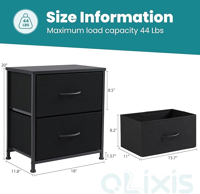 NEWBULIG Nightstand Small Dresser with 2 Fabric Drawers 25 Inch Tall Bedside Table Storage Furniture for Bedroom Closet Entryway College Dorm Black