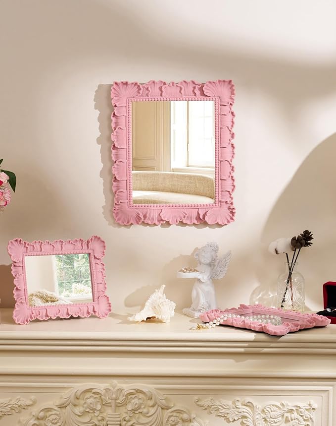 Cute Makeup Mirror Decor for Girl Bedroom Nursery Dorm Playroom, 9.8x7.7 Resin Framed Wall Mirror for Bathroom Hallway Living Room, Gift for Mother's Day Valentine's Day Wedding (Soft Pink)