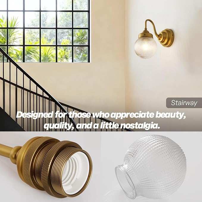Curved Arm Wall Sconce Lighting with Clear Ribbed Glass Globe Shade, Vintage Brass Bathroom Wall Light Fixtures for Kitchen Living Room Bedroom Farmhouse