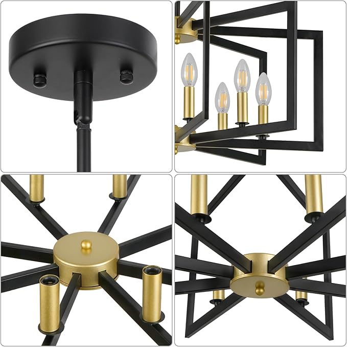 26.6'' Black and Gold Chandelier, 8-Light Geometric Modern Chandelier Lighting, Metal Industrial Large Chandeliers for Dining Room Living Room Entryway Foyer Lighting