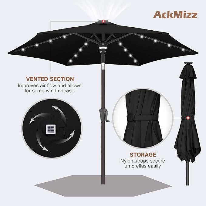 7.5FT Solar Umbrella Outdoor - Lighted Solar Patio Umbrella with 24 LED Lights Waterprool UV Protection, Table Umbrella with Tilt for Pool, Porch, Garden, Deck, Backyard (Black)