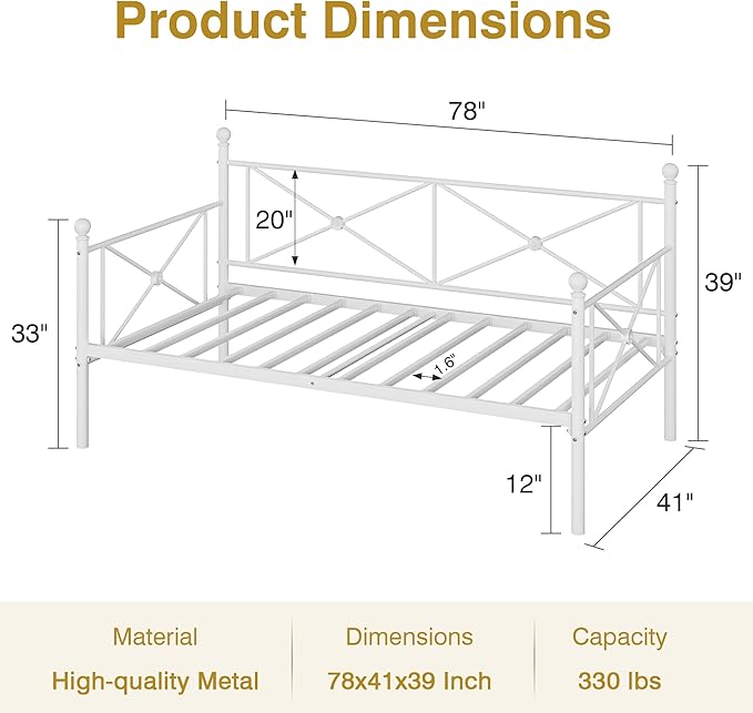 VECELO Daybed Twin Size, Day Bed Frame with Headboard, Heavy-Duty Metal Slats Support Platform for Living Room, Guest Room, Easy Assembly, White